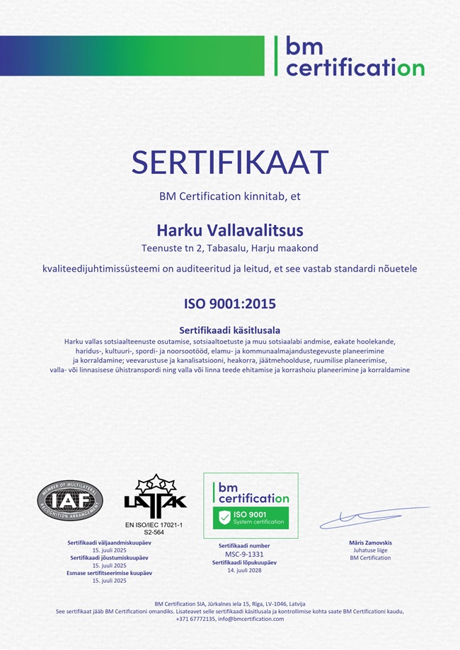 Sertifikaat Harku vallavalitsusele